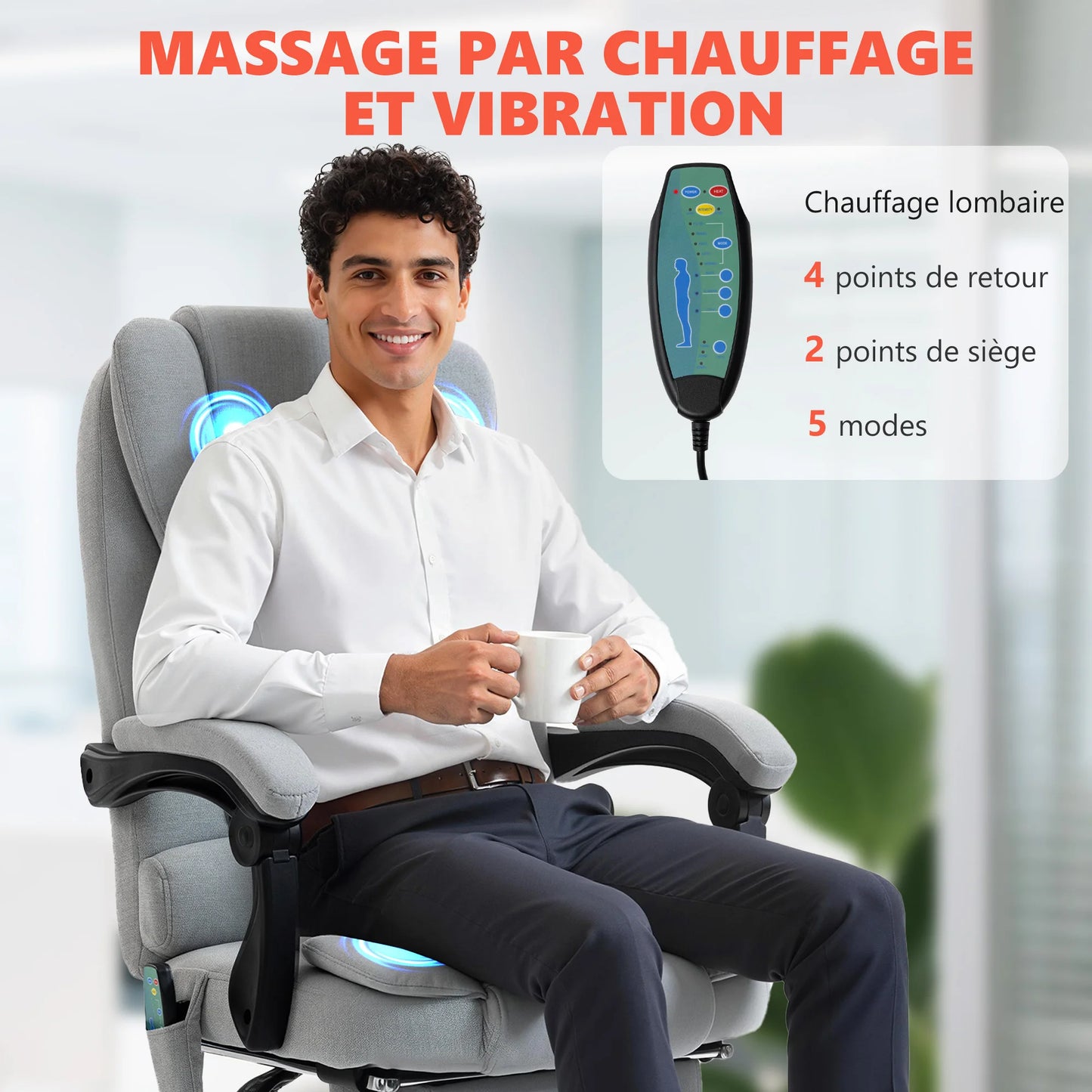 Massage and heated office chair, office chair, adjustable height, reclining back, 65x70x111-119cm, gray