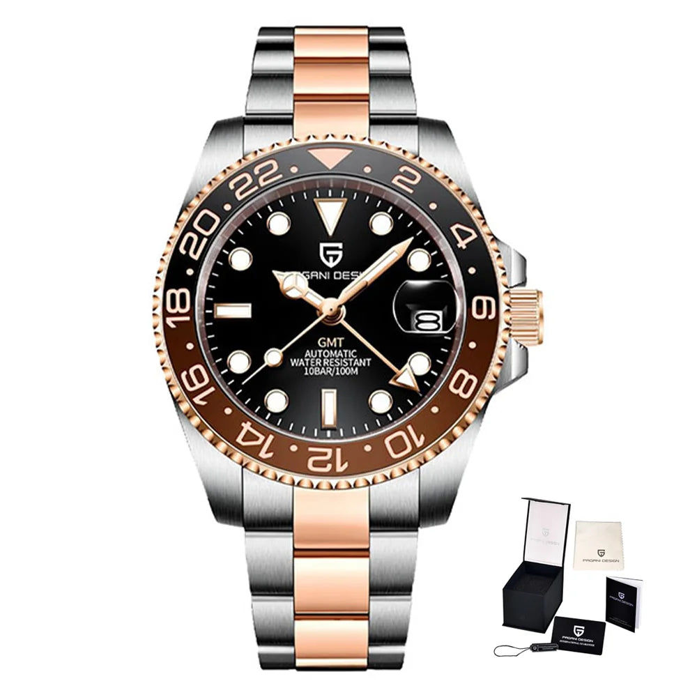 Montre mécanique pour homme Pagani Design GMT – Modèle de luxe avec verre saphir, boîtier en acier inoxydable et lunette en céramique – Montre automatique pour homme, style professionnel