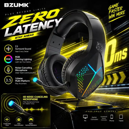 Casque de jeu filaire BZUMK H2, son surround 7.1 RGB, haut-parleurs de 50 mm, casque supra-auriculaire, microphone à réduction de bruit pour PC, PS4, PS5