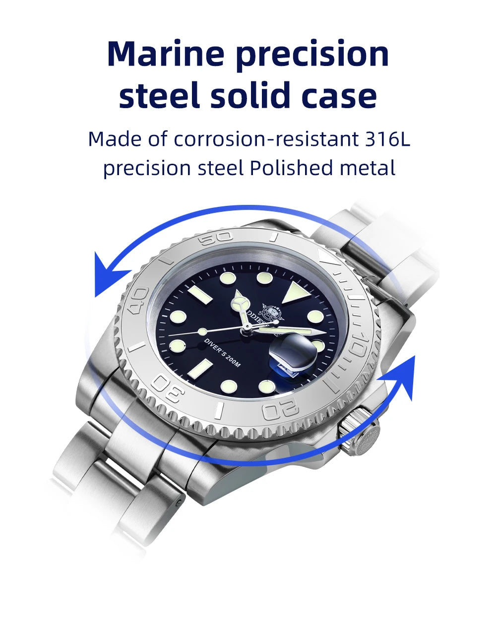 ADDIESDIVE Men's Quartz Watch 200m Waterproof Ceramic Bezel Steel Watch Magnifying Mirror Glass BGW9 Blue Luminous Diving Watch