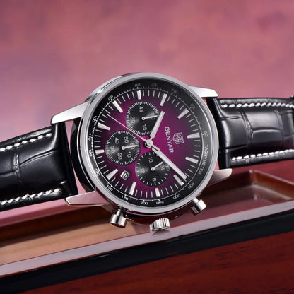 Reloj de lujo para hombre Benyar: cronógrafo con fecha, correa de piel, resistente al agua, luminiscente, estilo deportivo y militar, reloj de cuarzo