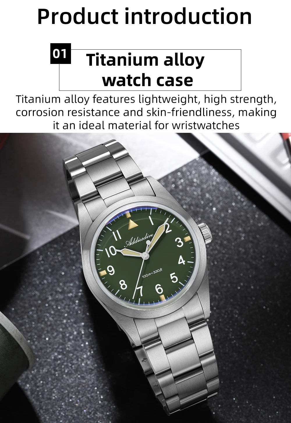 ADDIESDIVE 36mm AD2502 Watch For Men 100M Waterproof Titanium Alloy VH31 Movement Bubble Mirror Glass Luminous Quartz Watches