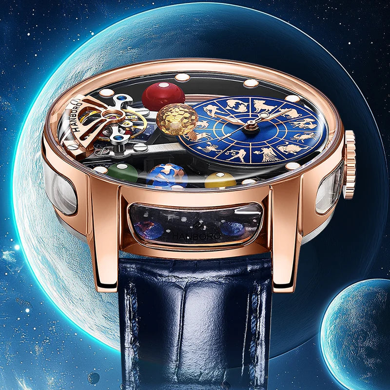 Montre mécanique automatique pour homme, modèle « Ciel étoilé » : design squelette, style constellation, boîtier en acier inoxydable, affichage en relief, fonction luminescente et étanchéité.