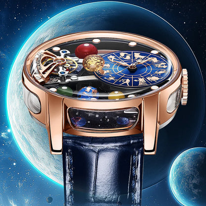 Montre mécanique automatique pour homme, modèle « Ciel étoilé » : design squelette, style constellation, boîtier en acier inoxydable, affichage en relief, fonction luminescente et étanchéité.