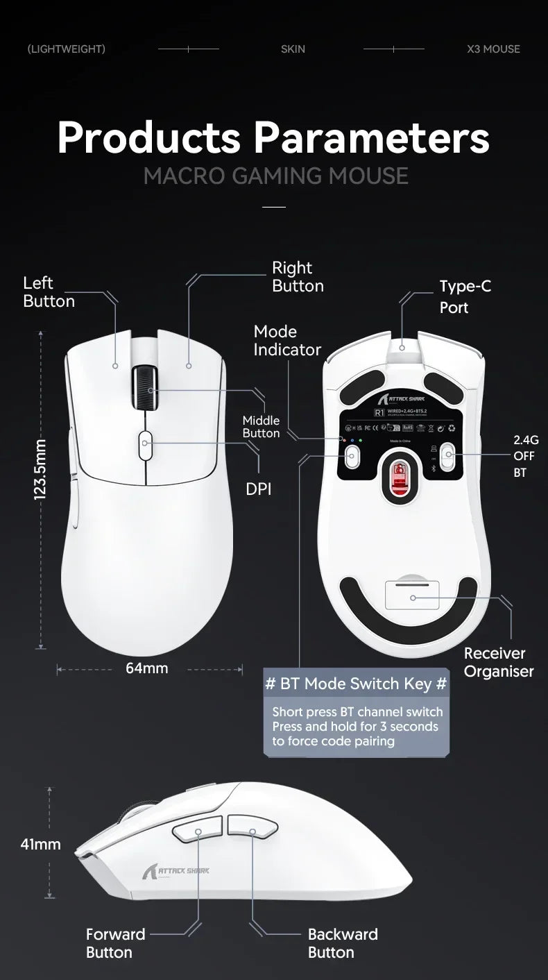 Ratón gaming inalámbrico Bluetooth Attack Shark R1 2.4G USB, 18K DPI, PAW3311, conectividad tri-modo, ligero 59g, para PC, portátil y Mac