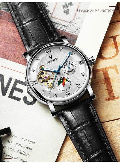 Montre mécanique automatique de luxe pour homme, signée par une grande marque, dotée d'un tourbillon, d'une phase de lune et de diamants – une montre-bracelet élégante.
