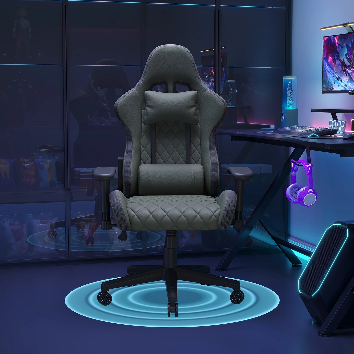 Gaming Chair,Ergonomic Gaming Chair with LED,Adjustable Computer Chair for Teenagers,Lumbar Cushion,Gamer Chair,Black