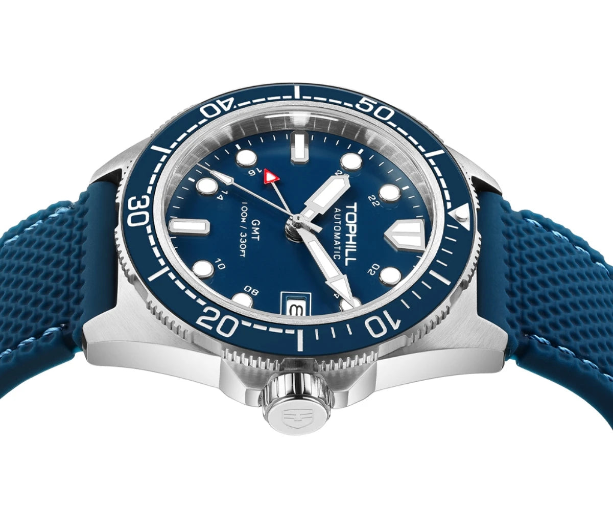 Tophill 39.5mm Automatic NH34 GMT Watch Swim 3H Date Window Mechanical C3 Green Lume 100M Waterproof Sapphire Crystal TD011G