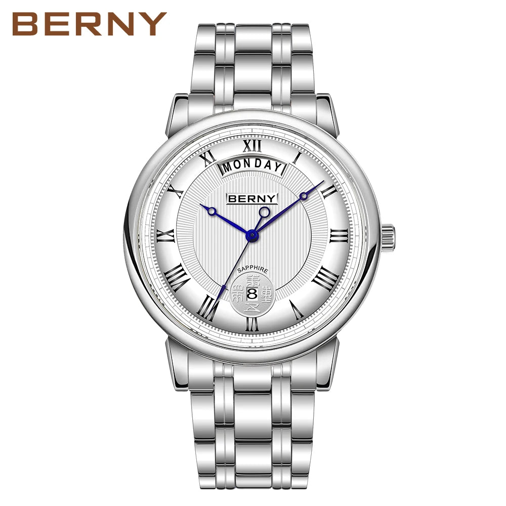 Montre à quartz pour homme BERNY, équipée d'un mouvement Miyota VJ55, modèle de luxe de haute qualité avec affichage du jour, boîtier en acier inoxydable, verre saphir et étanchéité.
