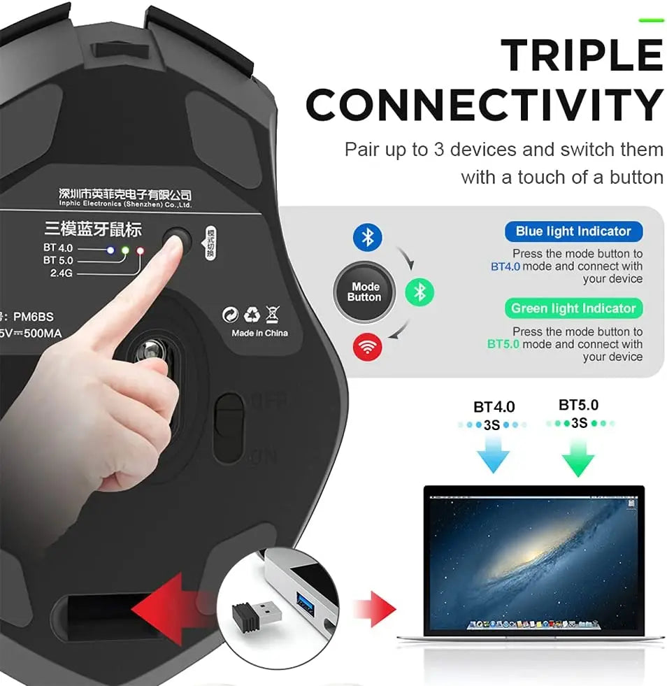 INPHIC A1 BluetoOth Mouse Rechargeable 2.4G Tri-mode Optical Mute Wireless Mouse 1600 DPI for Mac Laptop PC Tablet Mobile Phone