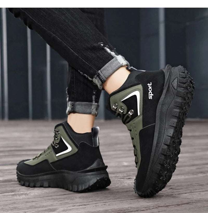 Black And Tan Mid Top Hiking Boots Suede And Leather Platform Sneakers Non Slip Outdoor Casual Shoes With Rugged Sole For All
