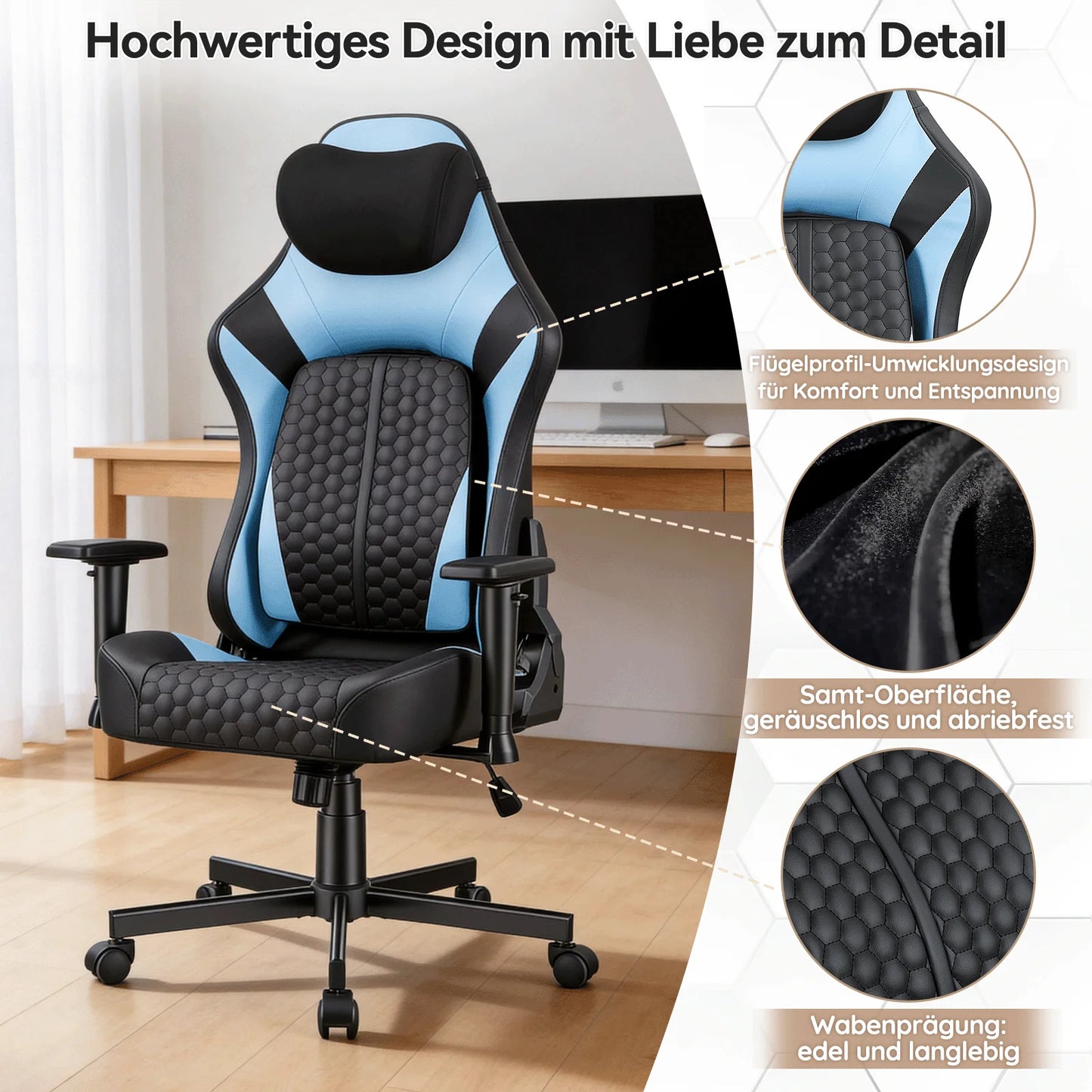 Devoko Gaming chair with 6-35 ° adjustable lumbarrest, thickened and wide seat cushion, ergonomic desk chair