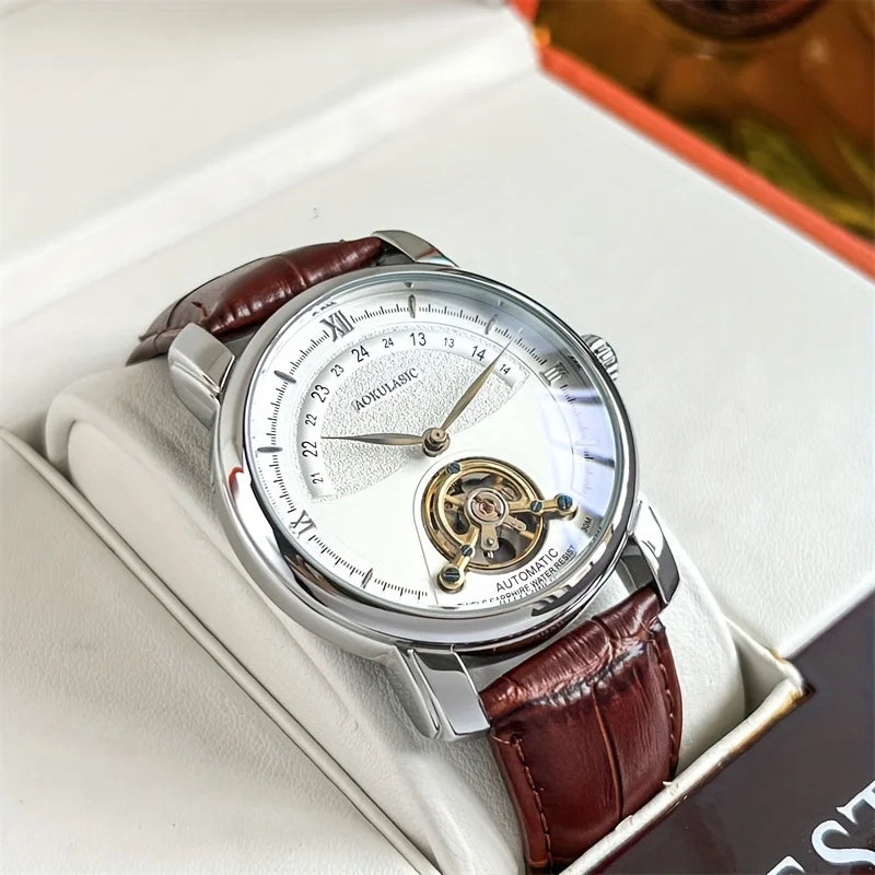 Reloj mecánico automático para hombre: elegante diseño calado, estilo «business casual» de moda, caja de aleación y correa de piel, sin pila