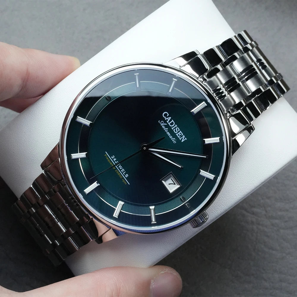 CADISEN Automatic Mechanical Ultra-thin Wristwatch MIYOTA 9015 Top Brand Luxury Curved Single-dome Sapphire Crystal Watch Man
