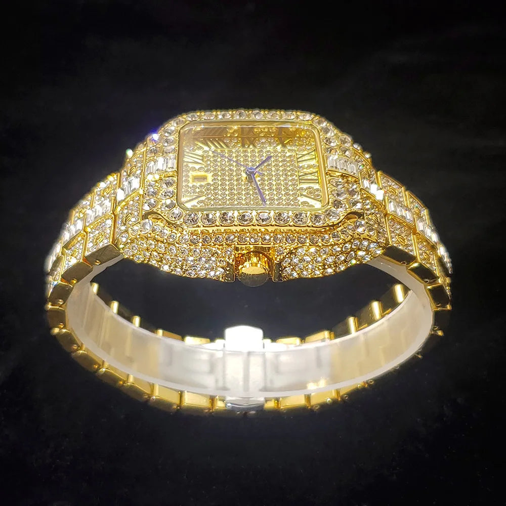 Luxury Diamond Watch for Men Hip Hop Style Bling Bling Iced Out Wristwatch Fashion Square Stainless Steel Waterproof Clock 2024