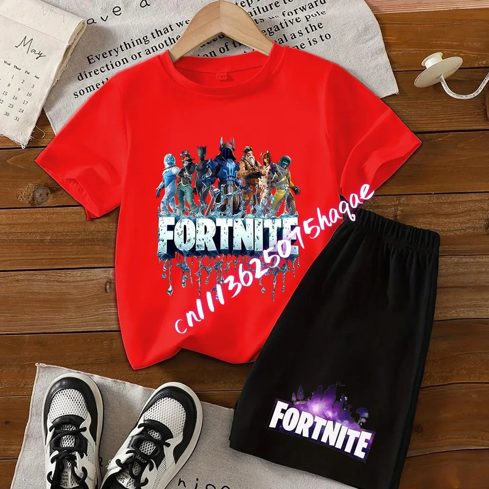 Sommerliches Fortnite-Kinder-Set: T-Shirt und Shorts, 2-teilig, Anime-Design, kurzärmelig, aus Baumwolle, lässige Sportbekleidung, Geschenkidee