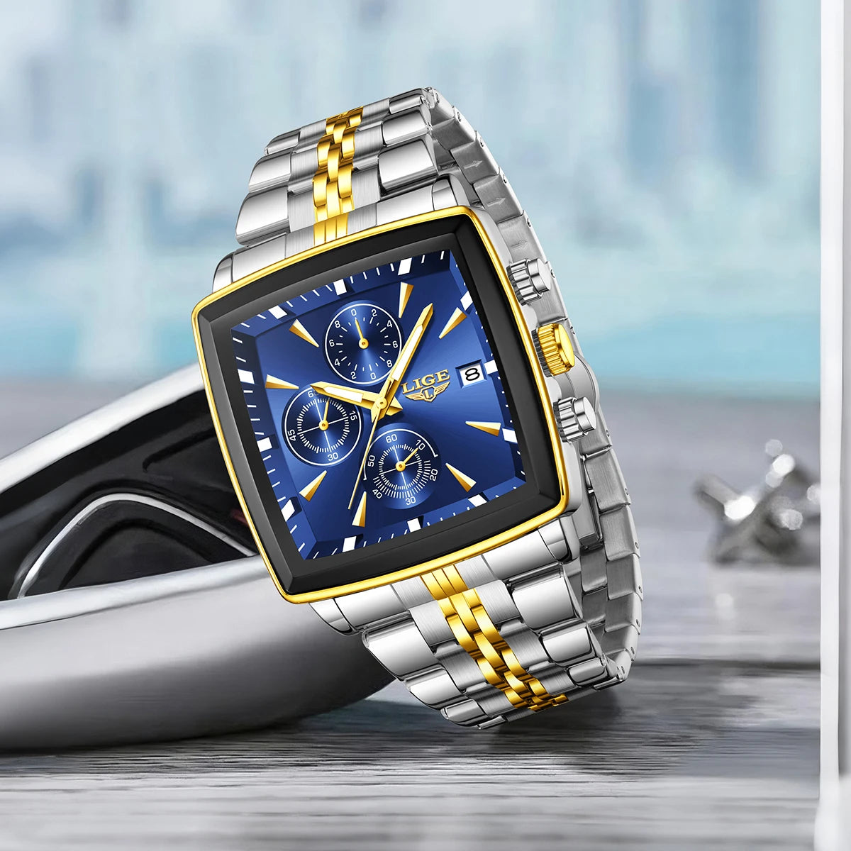 Relojes de lujo para hombre LIGE, modelo cuadrado, estilo clásico y moderno, de acero inoxidable, resistentes al agua, deportivos y desenfadados, con mecanismo de cuarzo.