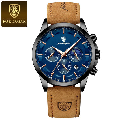 Montre-bracelet de luxe élégante pour homme POEDAGAR, étanche, chronographe, date lumineuse, bracelet en cuir, mouvement à quartz, montre de sport pour homme
