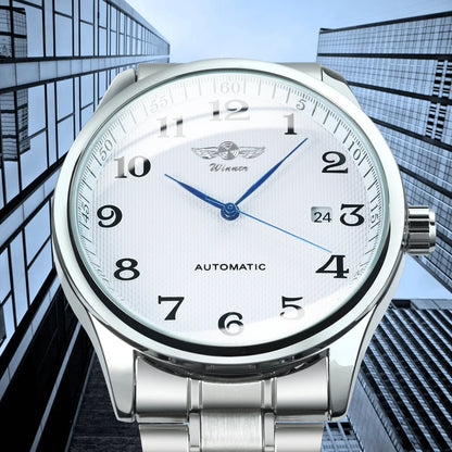 Montre pour homme WINNER – Style classique, rétro et élégant – Montre mécanique automatique avec calendrier – Marque de luxe, boîtier en acier et bracelet en cuir