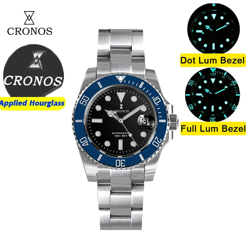 Cronos New 40mm Diver Men's Watches Luxury Miyota9015 Automatic Mechanical Watch Sapphire Crystal Waterproof 200m Adjustable Clasp L6045