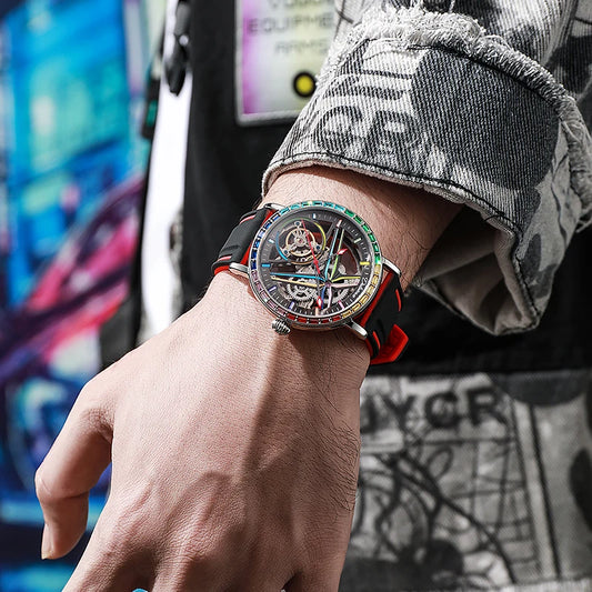 Montre squelette pour homme, style mode, ornée de pierres précieuses aux couleurs de l'arc-en-ciel, dotée d'un tourbillon ; montre mécanique automatique de luxe, étanche jusqu'à 30 mètres.
