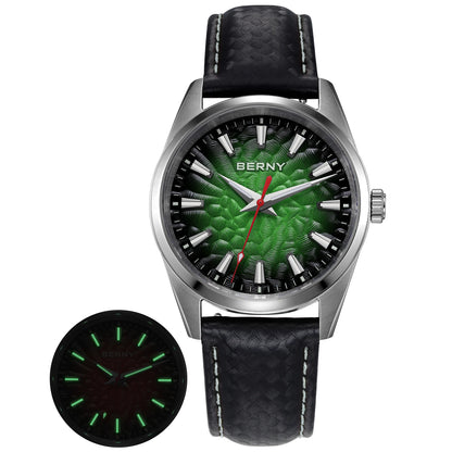 Montre pour homme BERNY – Montre à quartz élégante et classique, étanche à 10 ATM, dotée d'un verre saphir et d'aiguilles luminescentes, idéale pour une tenue habillée ou professionnelle, avec bracelet en cuir.