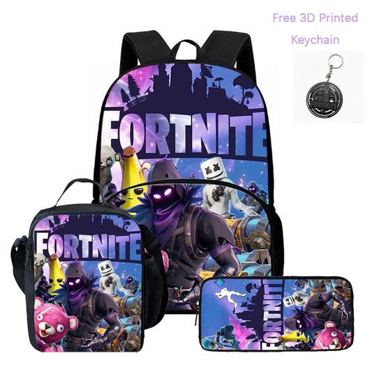 Lightweight FORTNITE 3-Piece Backpack Set with Front Pocket, Lunch Bag, Pencil Bag, Free 3D Printed Keychain for Boys and Girls Ages 5-10