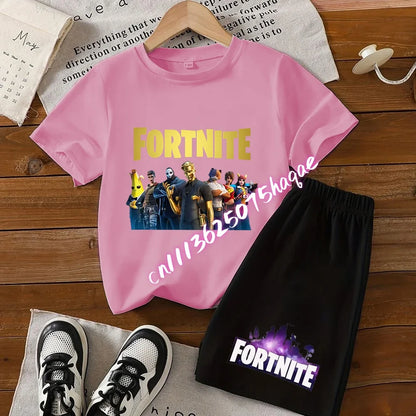 Sommerliches Fortnite-Kinder-Set: T-Shirt und Shorts, 2-teilig, Anime-Design, kurzärmelig, aus Baumwolle, lässige Sportbekleidung, Geschenkidee