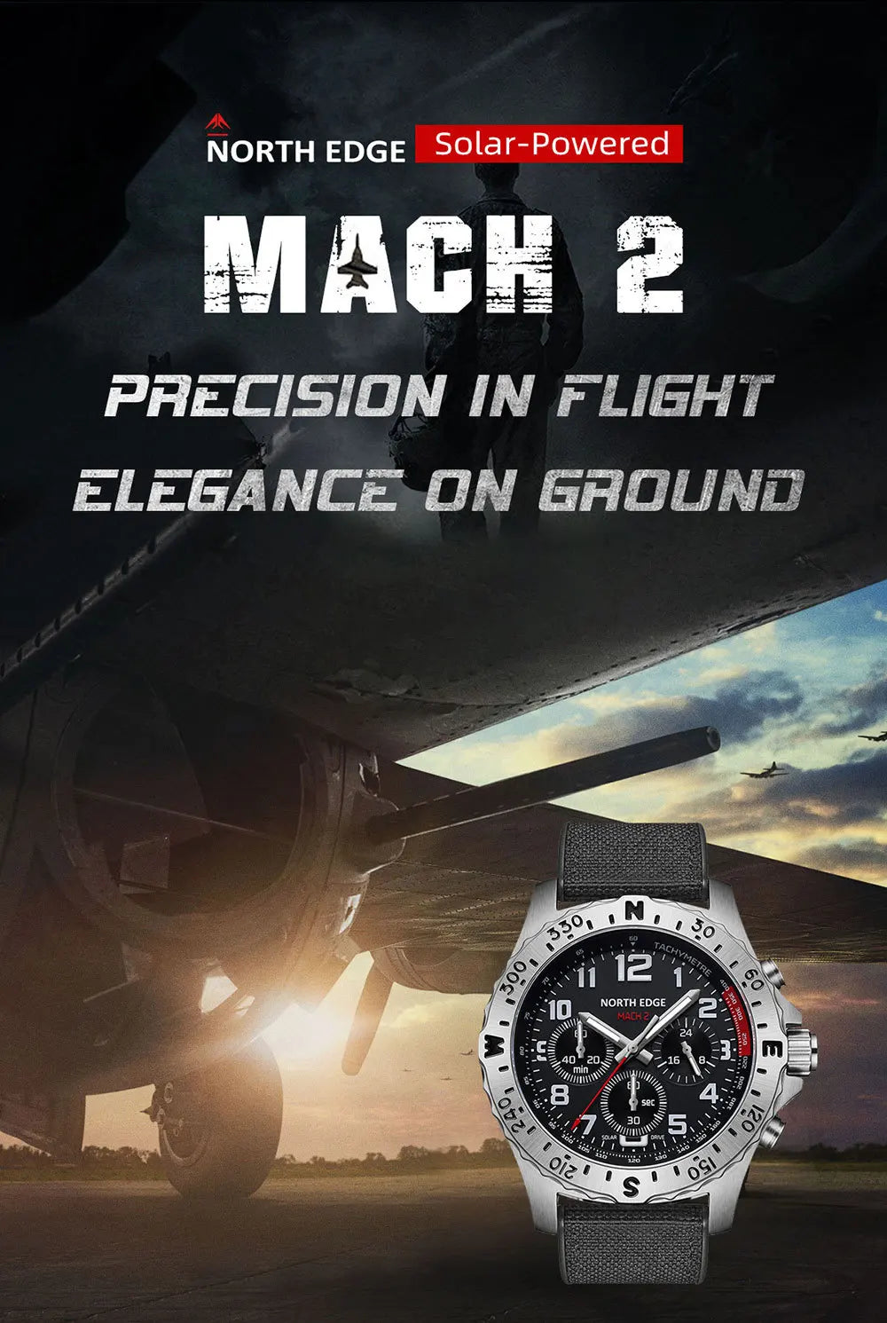 NORTH EDGE  Men's Watches Solar Power 316 stainless steel Case Quartz Watch For Men Pilot Waterproof 50M Stopwatch