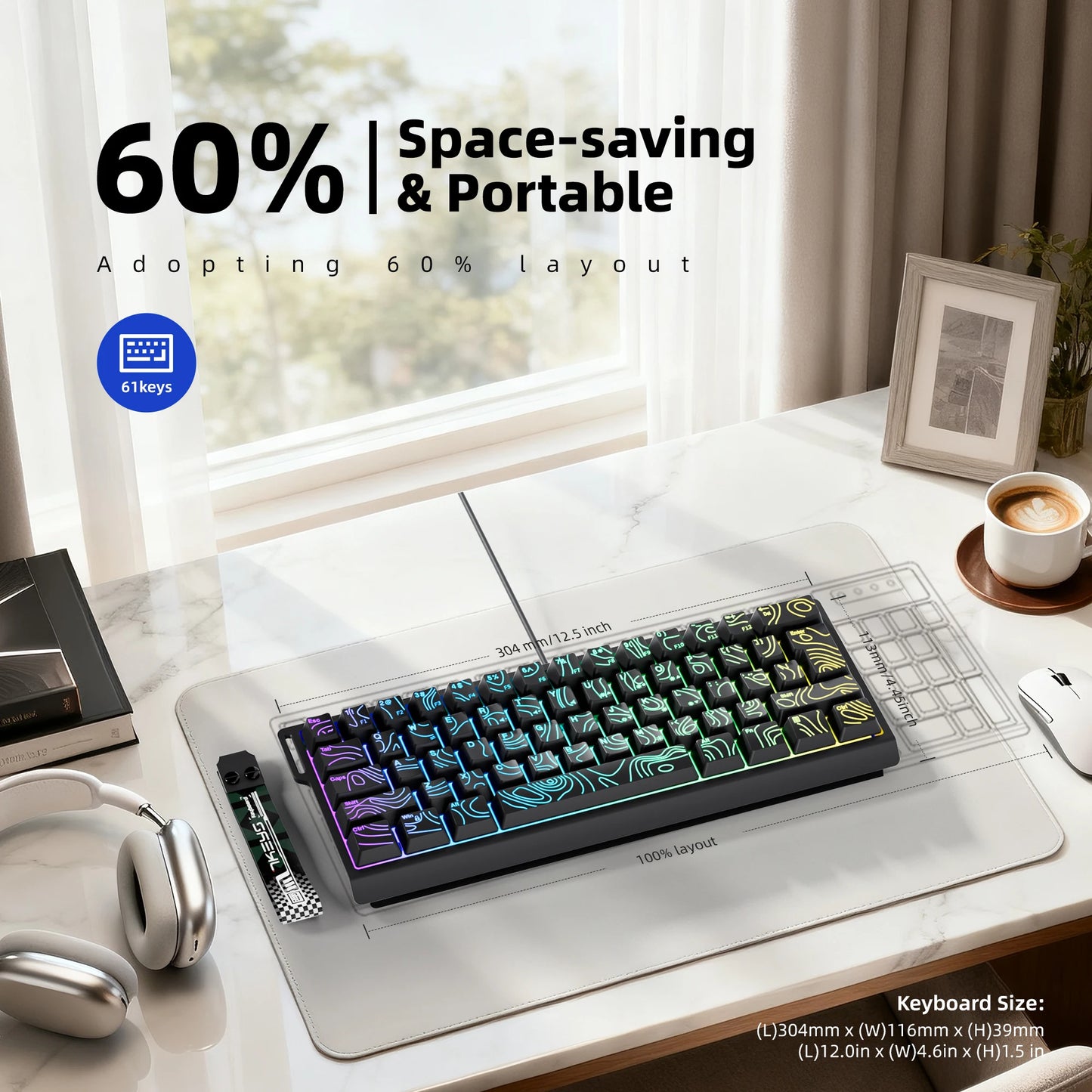60% compact wired keyboard with RGB backlighting and gradient keycaps are suitable for Windows tablets, laptops and gamers.