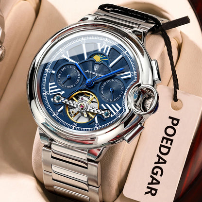 Reloj para hombre POEDAGAR, de estilo lujoso y profesional, con indicador de fecha y día, tourbillon, caja de acero inoxidable, movimiento mecánico automático y resistencia al agua.