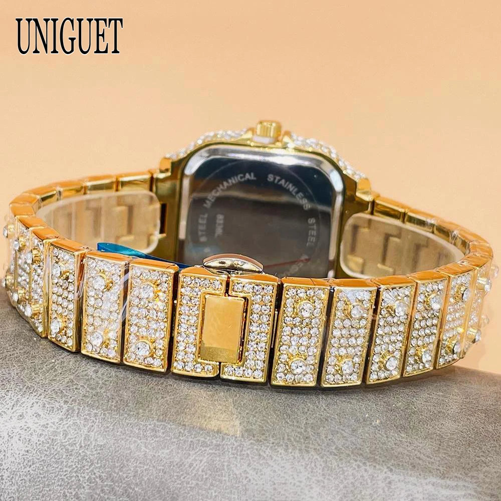 UNIGUET New Women Full Diamond Iced out Watch Fashion Square Rainbow Dial Hip Hop Bling Luxury Quartz Ladies Wristwatch Hot Sale