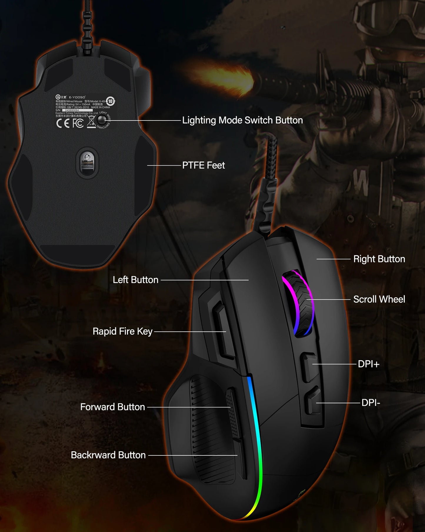 E-YOOSO X49 Wired Gaming Mouse 12400 DPI Adjustable, RGB Backlit, 8 Programmable Buttons, Ergonomic Gamer Mouse for PC Laptop