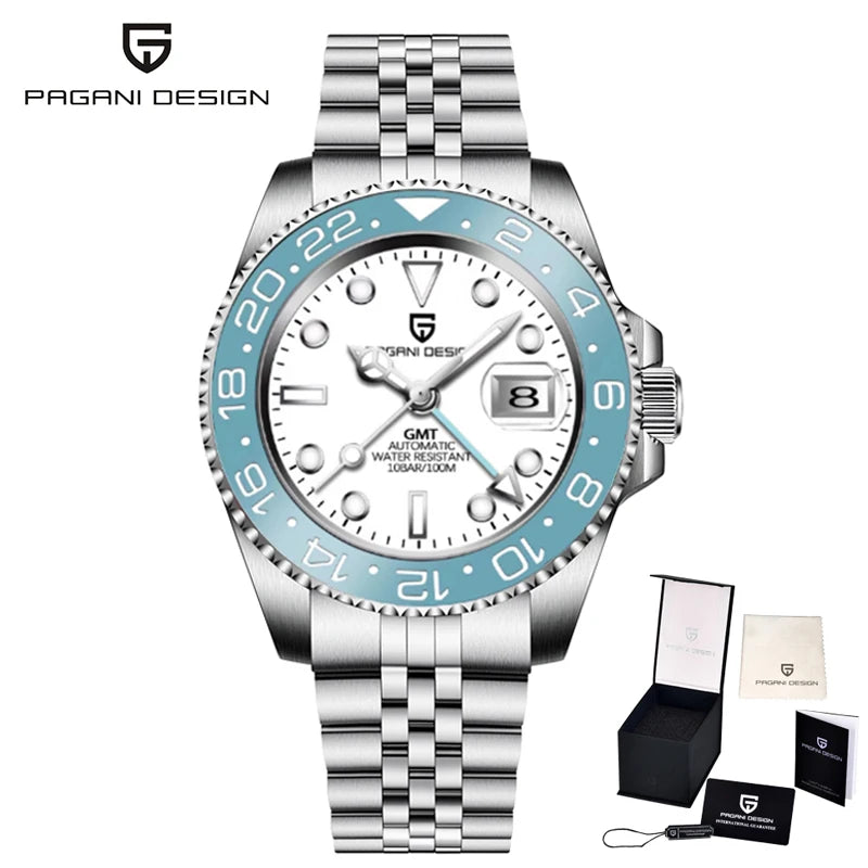 Montre mécanique pour homme Pagani Design GMT – Modèle de luxe avec verre saphir, boîtier en acier inoxydable et lunette en céramique – Montre automatique pour homme, style professionnel