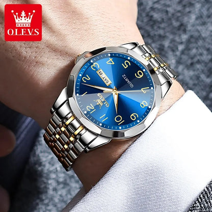 Reloj para hombre OLEVS 9970 – Modelo elegante con esfera digital, indicador de fecha y día, resistente al agua, luminiscente, de cuarzo – Reloj de lujo original
