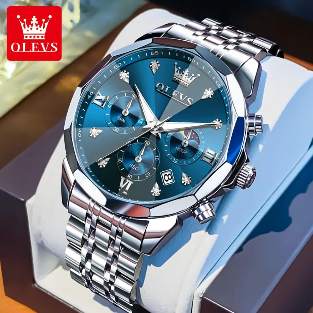 Montre homme OLEVS 3670, élégante, à phase de lune, à quartz, étanche, lumineuse, automatique, date, en acier inoxydable