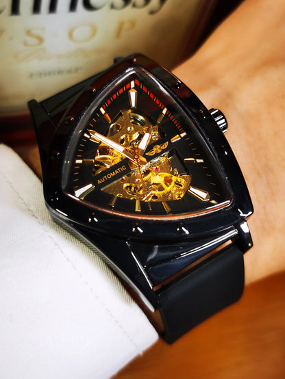 Reloj automático para hombre WINNER, diseño esqueleto triangular, agujas luminiscentes, correa de caucho, estilo militar, reloj mecánico de lujo
