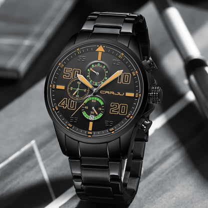 Montre pour homme CRRJU – Chronographe de luxe, grand cadran, acier inoxydable, étanche, avec affichage de la date