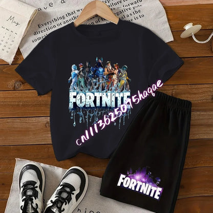 Sommerliches Fortnite-Kinder-Set: T-Shirt und Shorts, 2-teilig, Anime-Design, kurzärmelig, aus Baumwolle, lässige Sportbekleidung, Geschenkidee