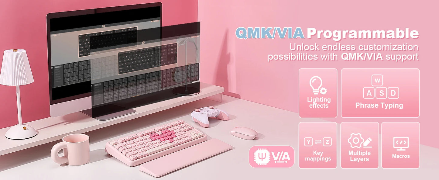 YUNZII B87 Pink Mechanical Gaming Keyboard, QMK/VIA Custom Gasket RGB Keyboard, Wireless Aesthetic Keeb, Wrist Rest for Win/Mac
