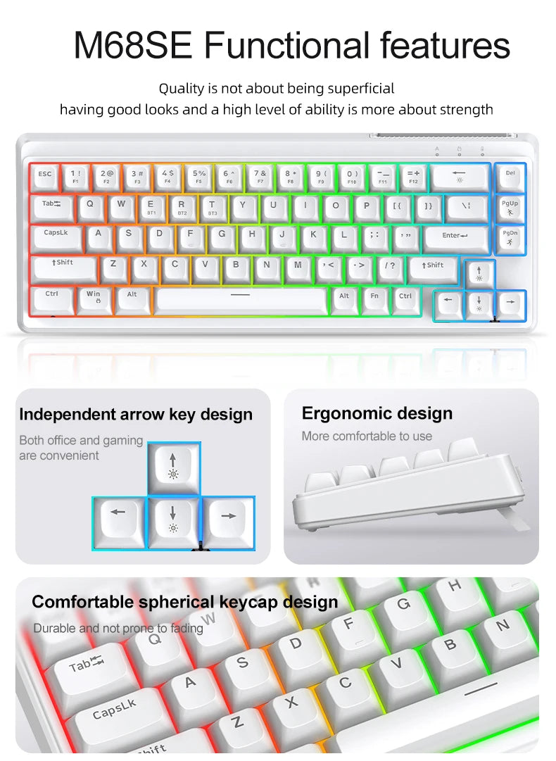 FREEWOLF M68SE 68% Mini Wired Keyboard RGB Backlit Silent Mechanical Feel Type-C Detachable Cable for PC Mac