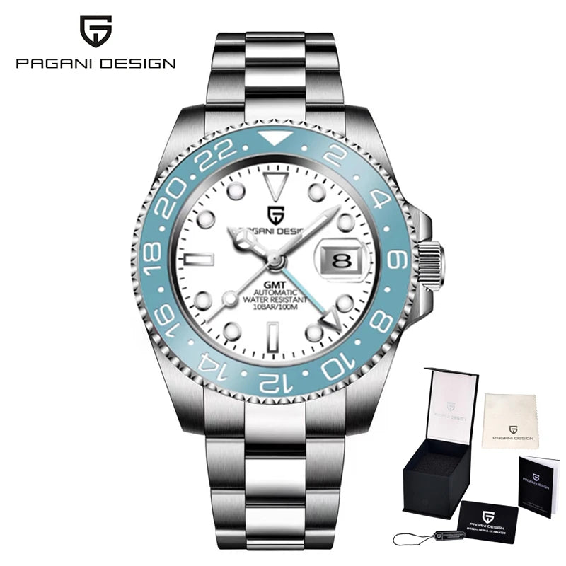 Montre mécanique pour homme Pagani Design GMT – Modèle de luxe avec verre saphir, boîtier en acier inoxydable et lunette en céramique – Montre automatique pour homme, style professionnel