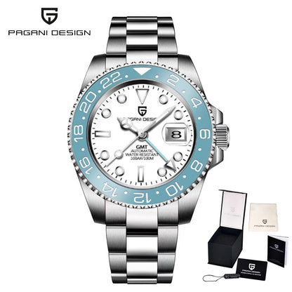 Montre mécanique pour homme Pagani Design GMT – Modèle de luxe avec verre saphir, boîtier en acier inoxydable et lunette en céramique – Montre automatique pour homme, style professionnel