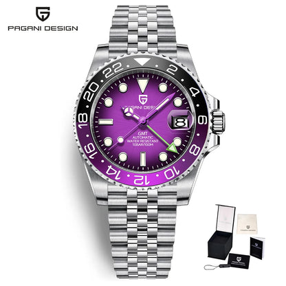 Montre mécanique pour homme Pagani Design GMT – Modèle de luxe avec verre saphir, boîtier en acier inoxydable et lunette en céramique – Montre automatique pour homme, style professionnel