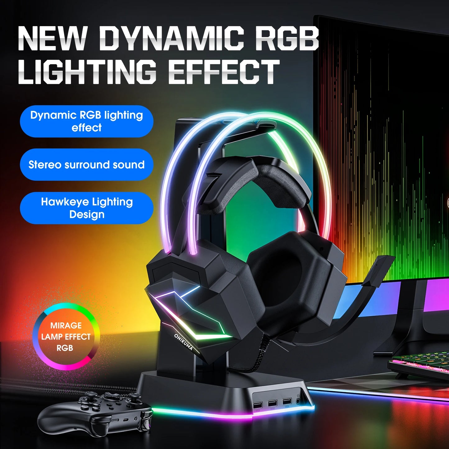 ONIKUMA X20 Gaming Headset with RGB Light Wired Headphones With Mic Bass Surround Over Ear Full Light Earphone for PS5 PC