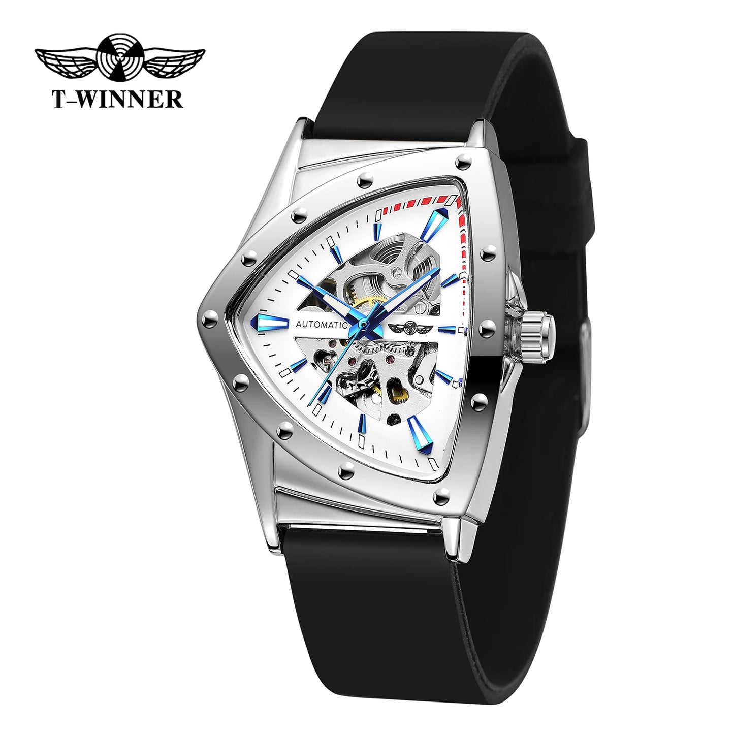 WINNER High Quality Watch for Men Triangle Steel Skeleton Mechanical Automatic Movement Clockwork Waterproof Rubber strap Wrist