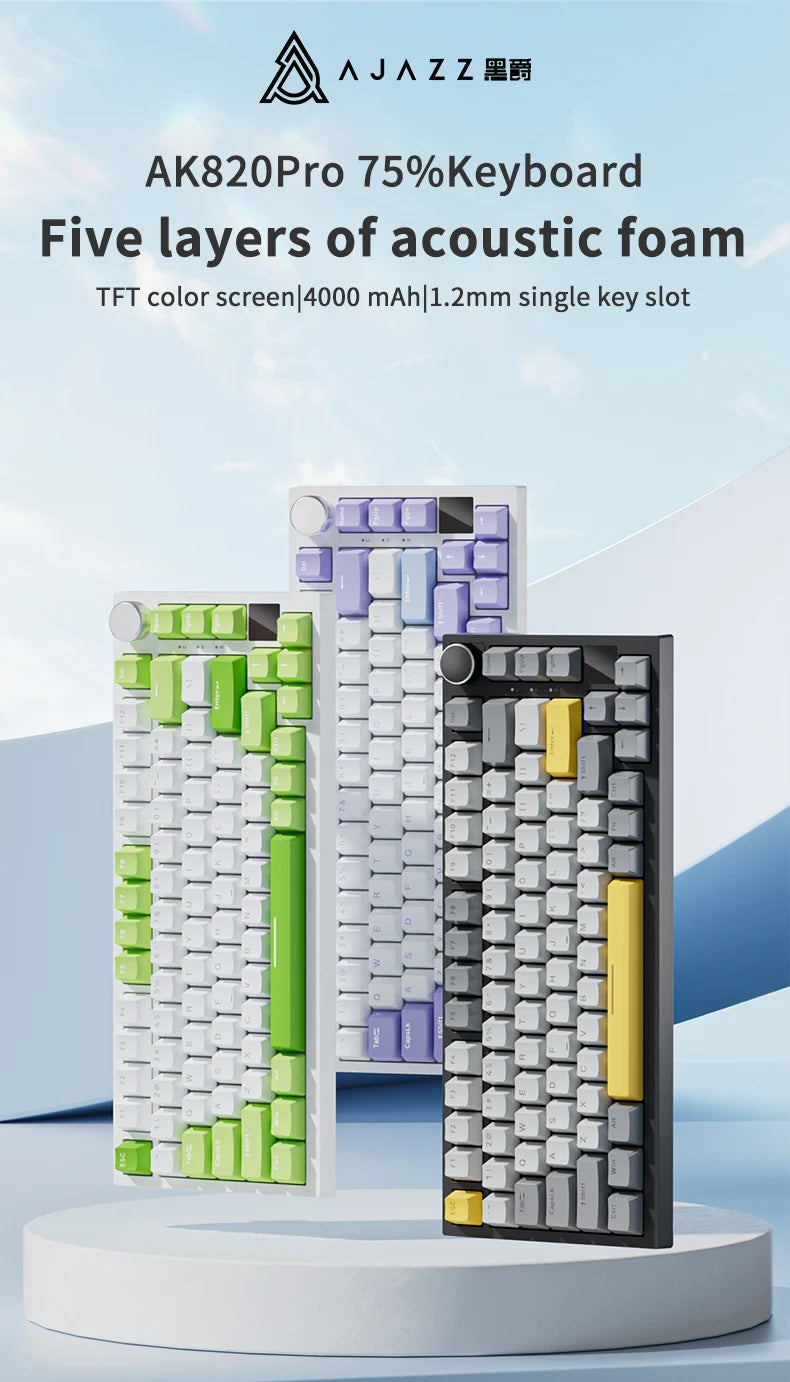 AJAZZ AK820  Mechanical Keyboard 70% Compact Layout/RGB Lighting/Hot-swappable Switches,with Wired,Wireless,and Bluetooth