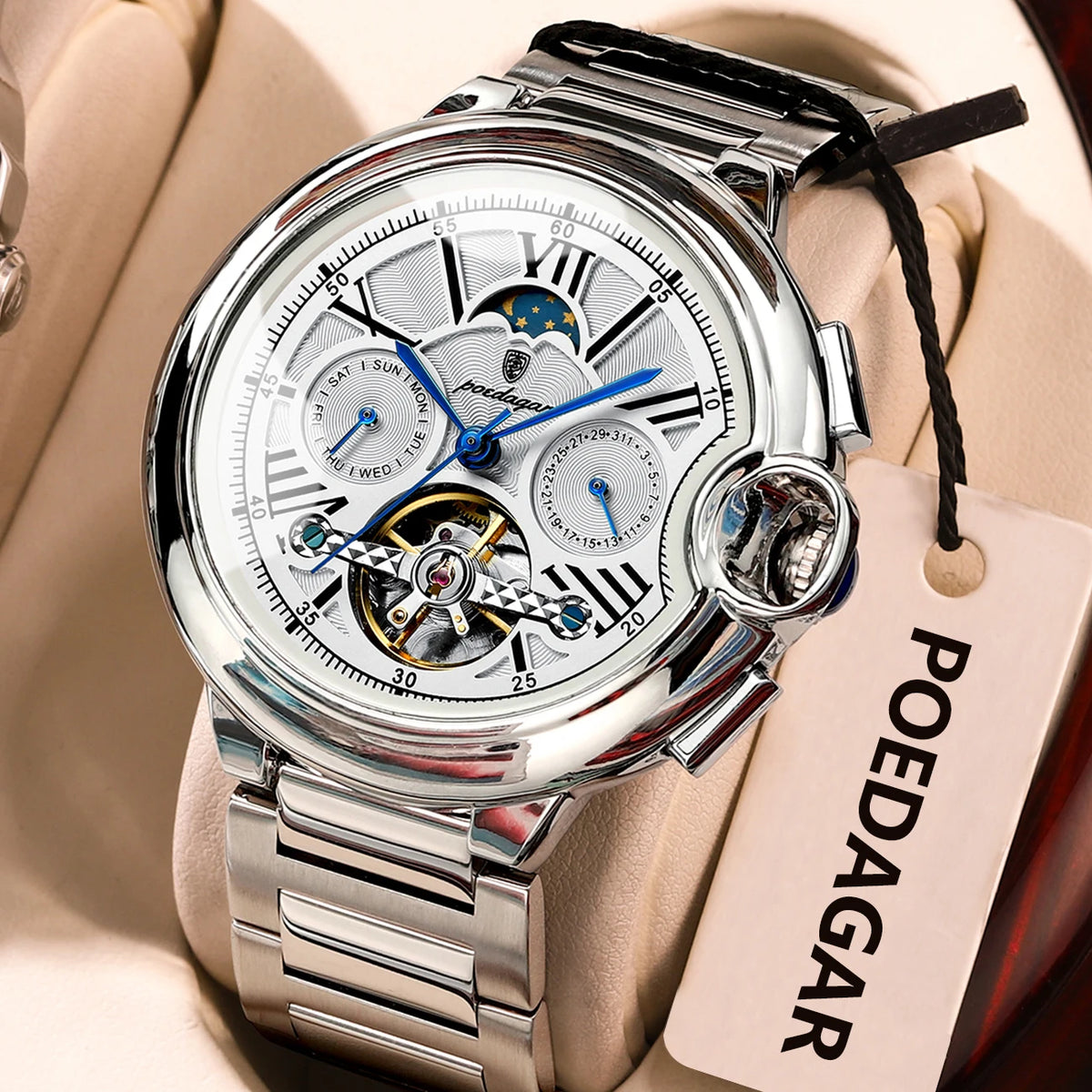Reloj para hombre POEDAGAR, de estilo lujoso y profesional, con indicador de fecha y día, tourbillon, caja de acero inoxidable, movimiento mecánico automático y resistencia al agua.
