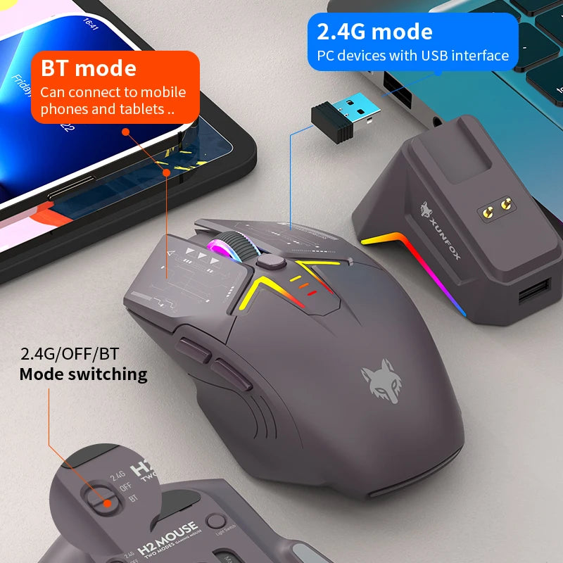 XUNSVFOX H2 wireless Bluetooth dual-mode mouse RGB lighting effect laptop gaming office magnetic charging