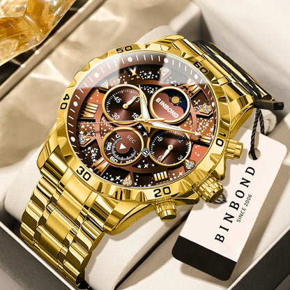 Montres à quartz de marque originale BINBOND pour hommes, montre chronographe de luxe lumineuse en acier inoxydable pour hommes, montre élégante pour hommes